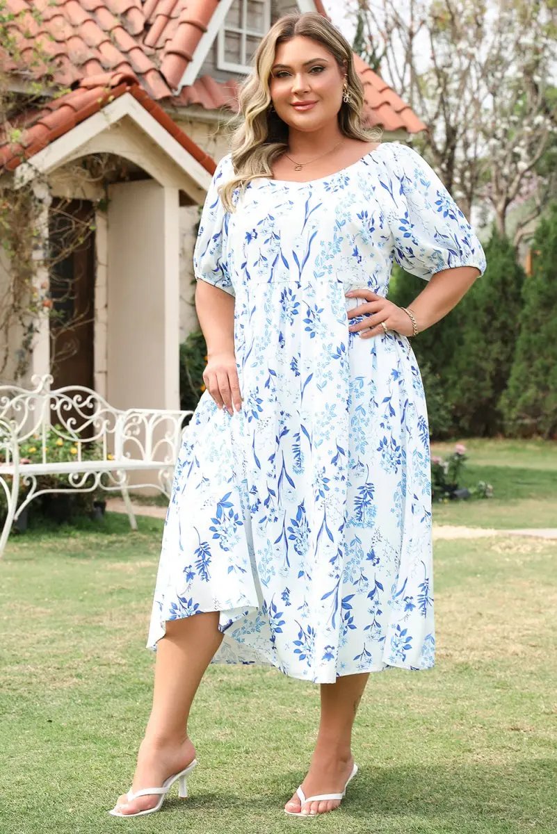 Sky Blue Floral Print Sweetheart Neck Plus Size Midi Dress - Love Salve